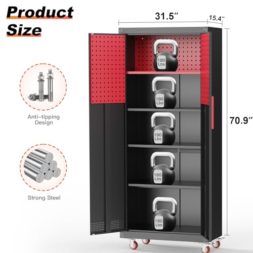 Metal Garage Storage Cabinet with 5 Adjustable Shelves and Wheels T460