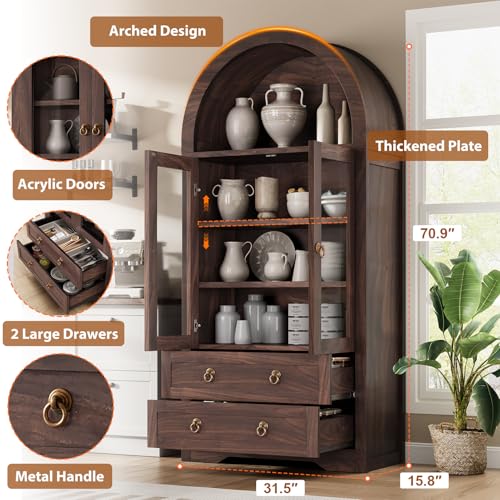 Arched Bookshelf Pantry Cabinet with Drawers and Shelves, 71" Tall P830902