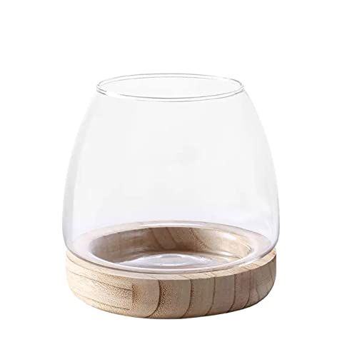 Glass Vase with Wooden Support Base, 1pcs Clear Glass Bubble Vase, Hydroponic Plant Terrarium Aquarium Goldfish Bowl for Home Office Centerpieces Flower Arrangement Decor (B 23 × 22 × 20 cm)