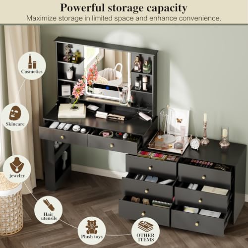 Large Makeup Vanity Desk with Mirror and Lights, 8 Drawers, Power Outlet B666