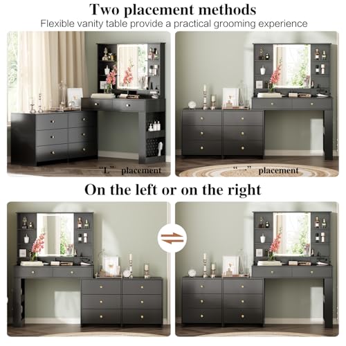 Large Makeup Vanity Desk with Mirror and Lights, 8 Drawers, Power Outlet B666