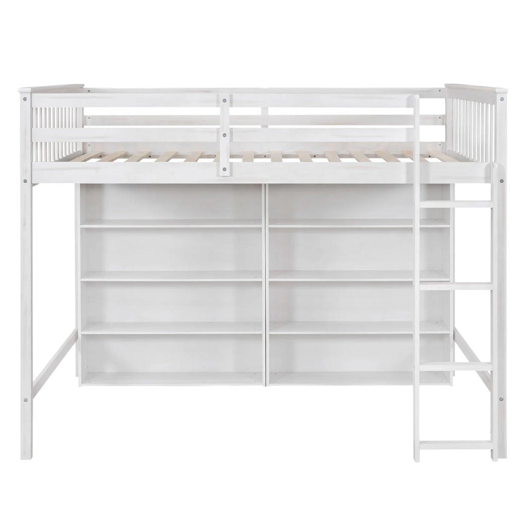Wood Full Size Loft Bed with 8 Open Storage Shelves and Built-in Bookcase, White U209714