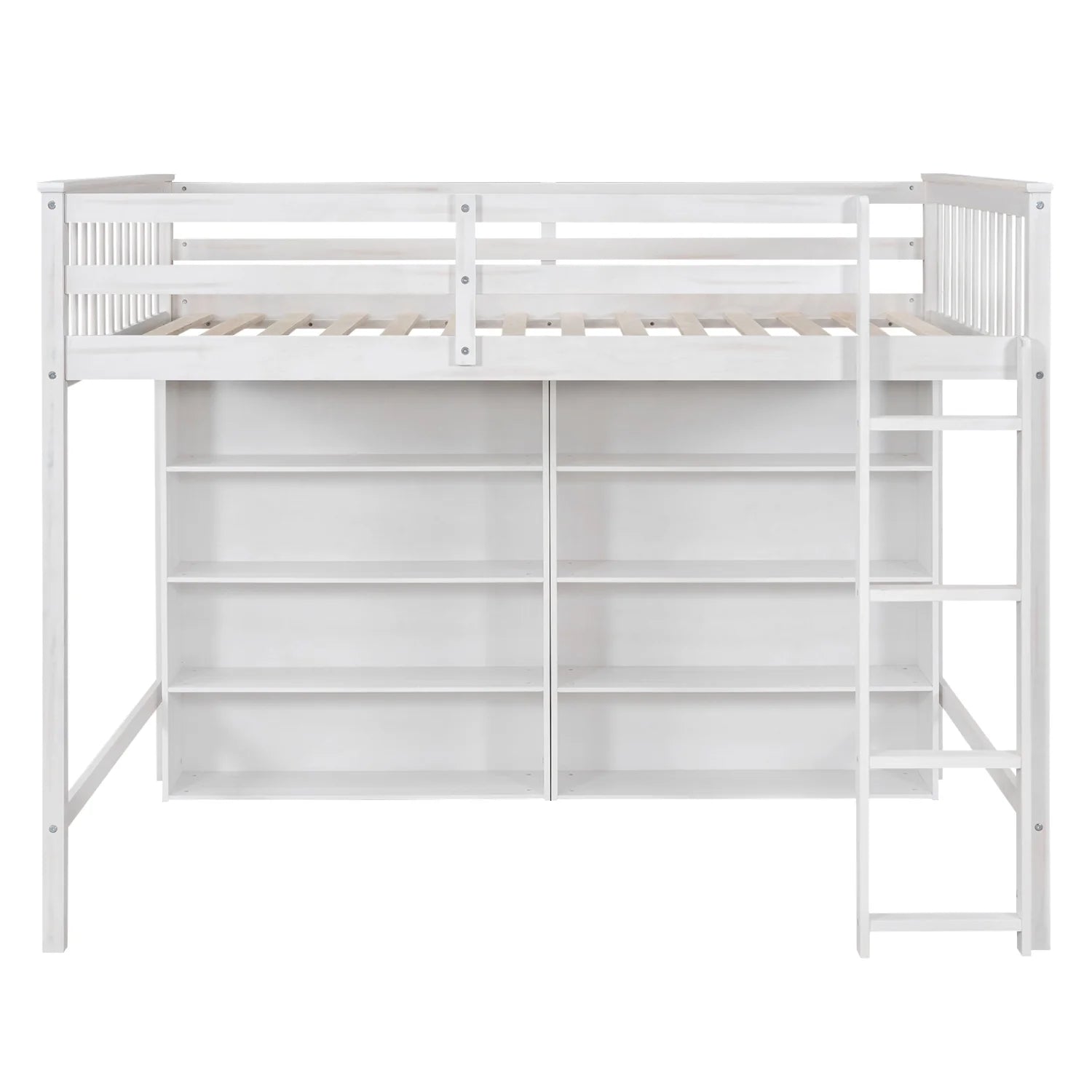 Wood Full Size Loft Bed with 8 Open Storage Shelves and Built-in Bookcase, White U209714