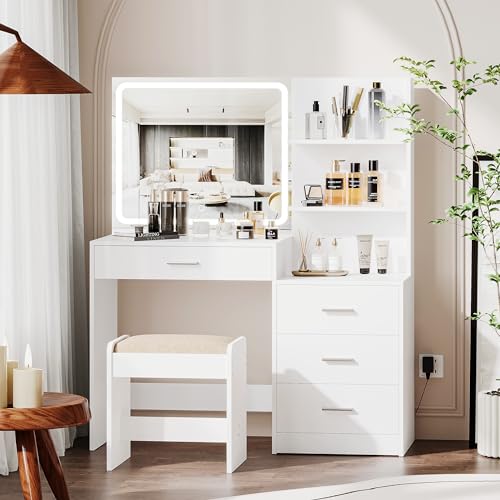 Makeup Vanity with 3-Color Dimmable Lighted Mirror, Side Storage Shelf & 4 Drawers E6505