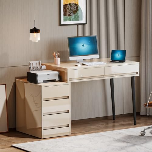 Gloss Desk with 5 Drawers, Modern Home Office Desk with Storage and Printer Stand W15196