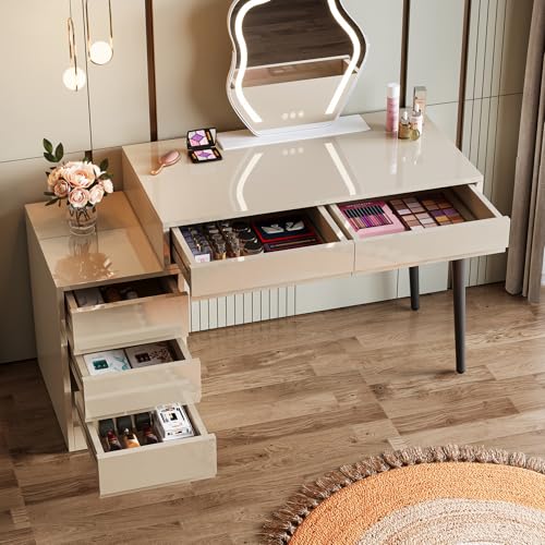Gloss Desk with 5 Drawers, Modern Home Office Desk with Storage and Printer Stand W15196