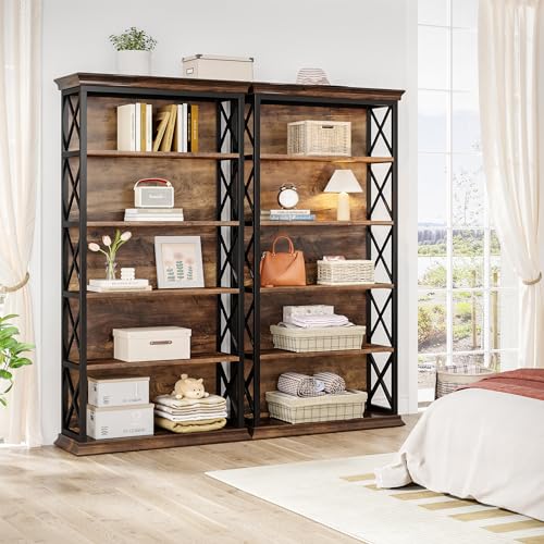 6-Tier Industrial Bookcase, 71 Inches Tall, Floor Standing Storage Shelves for Home Office, Brown and Black V7912