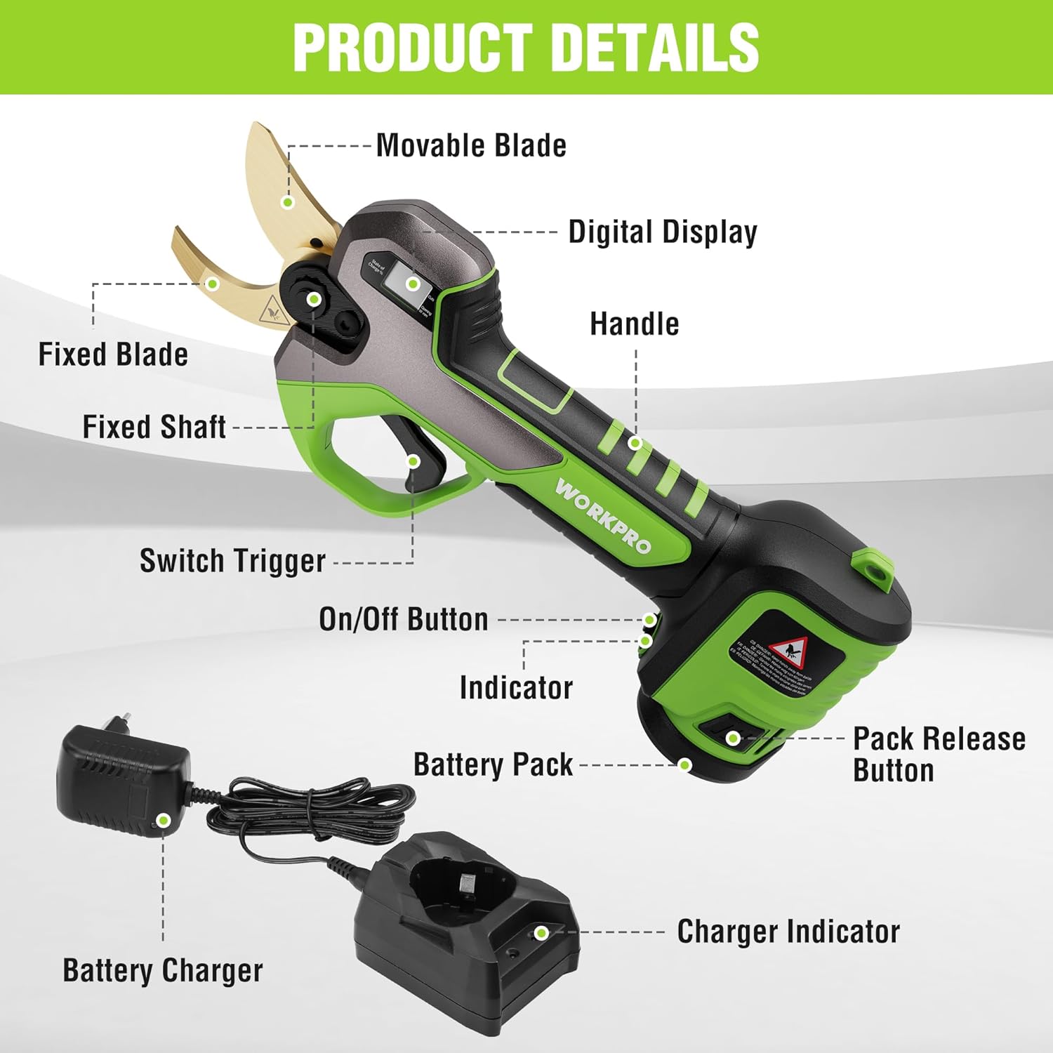 Electric Pruning Shears, Cordless Tree Pruner with 2 Batteries and Charger A26029