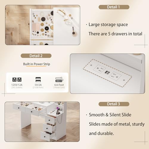 White Vanity Table with Drawer, Charging Station, Lighted Mirror P35549
