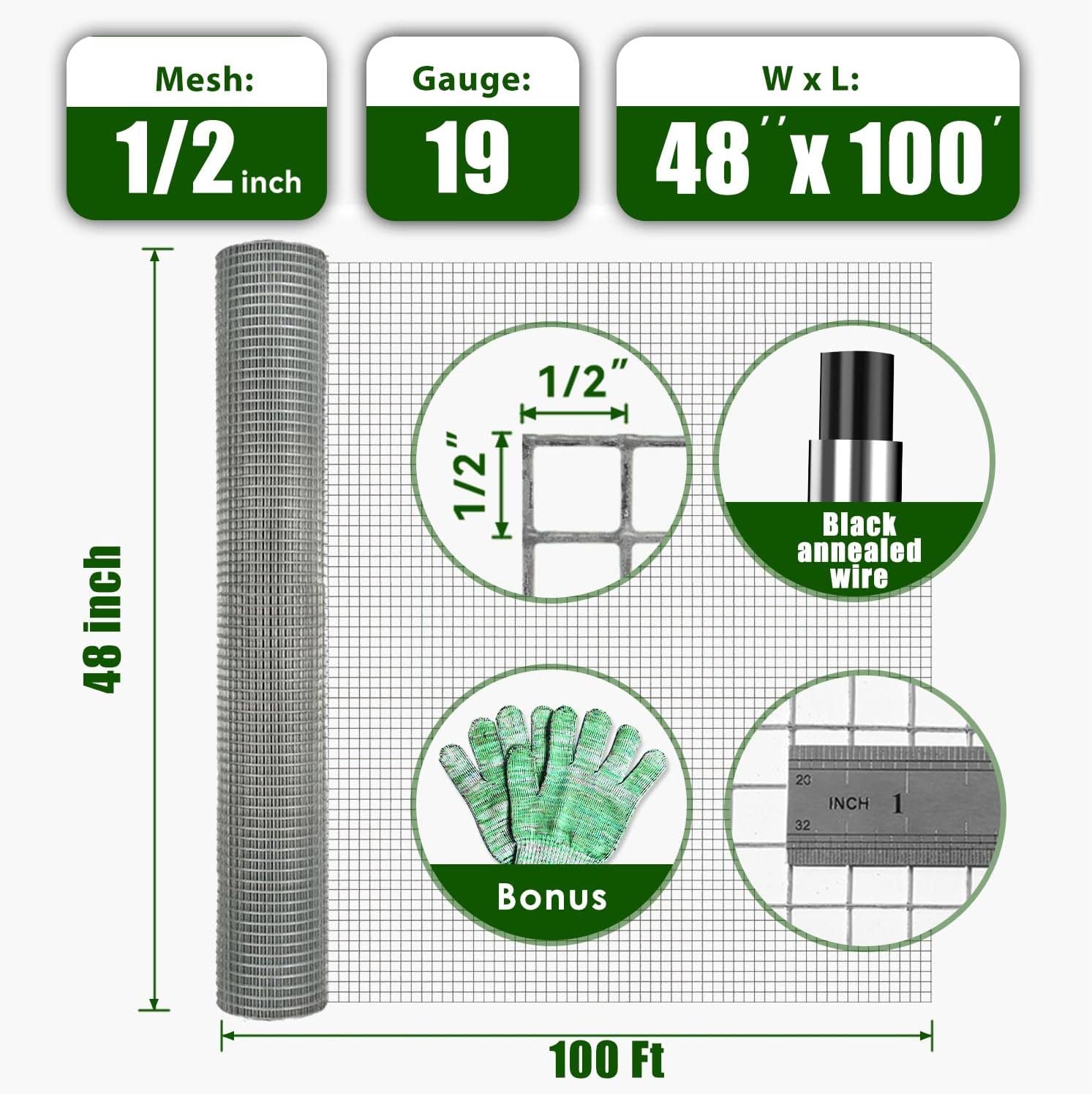 1/2 inch 19 Gauge Galvanized Hardware Cloth 48 x 100 Ft T974