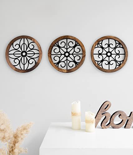 Rustic Round Wall Art 3 Pack Geometric Scrolled Metal with Wooden Frame R67379