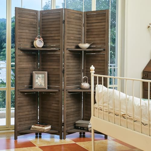 Folding Room Divider with Shelves, 6 Panels, Brown D785582