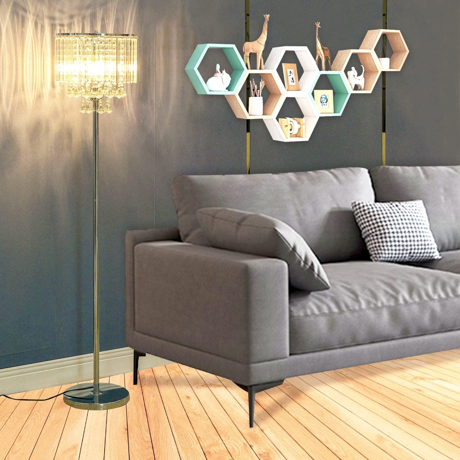 Crystal Floor Lamp with Foot Switch, 3-Light Standing Light for Living Room E9830