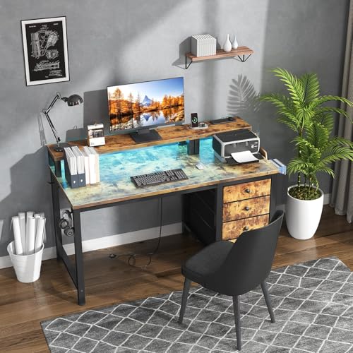 Gaming Desk with LED Lights and Power Outlets, 47 Inch Computer Desk with Fabric Drawers U2584