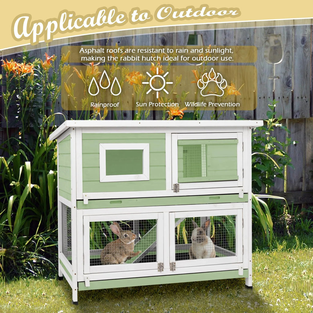 Rabbit Hutch Indoor Outdoor Cage on Wheels Two Story Weatherproof with Deep Trays G1859