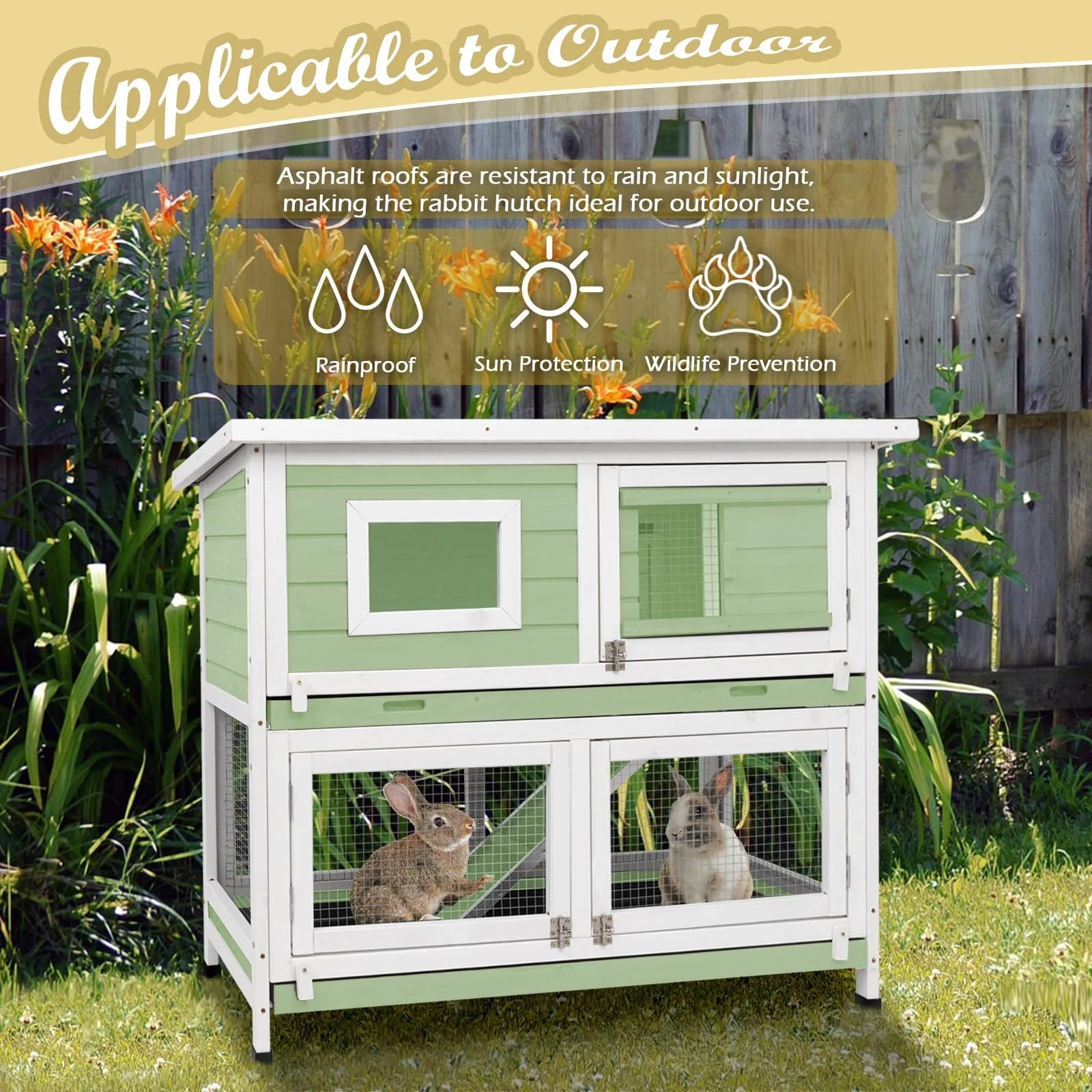 Rabbit Hutch Indoor Outdoor Cage on Wheels Two Story Weatherproof with Deep Trays G1859