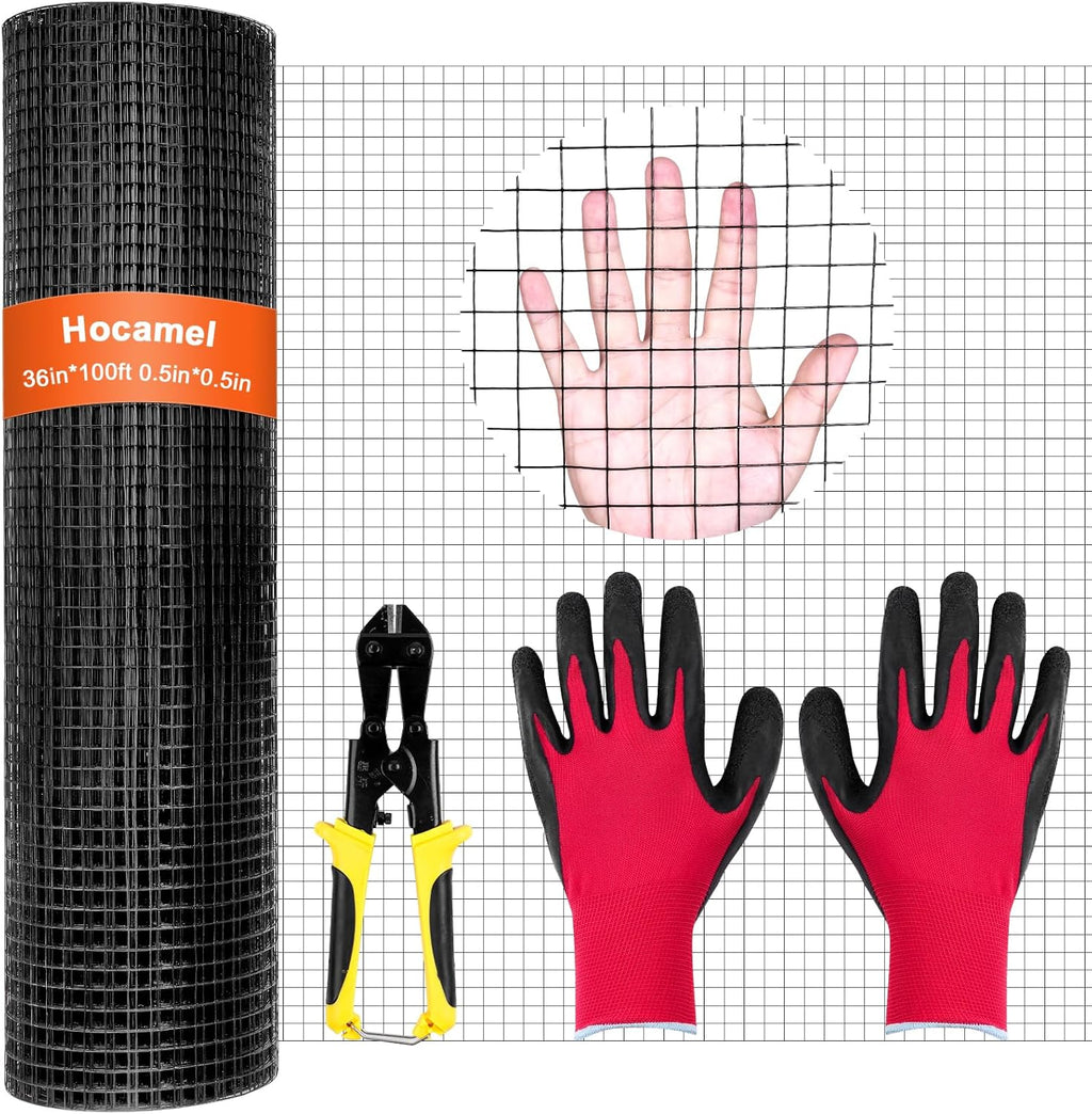 Hardware Cloth 1/2 inch 36 x 100 ft, 19 Gauge Square Vinyl Coated Galvanized Wire Metal Mesh Roll, Black PVC Chicken Wire Fencing for Poultry Cage Home Improvement Projects