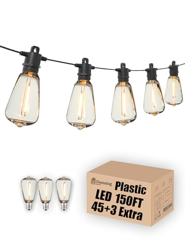 DAMAING Outdoor String Lights LED 50Ft Waterproof Patio Lights with 27 Vintage Shatterproof LED Edison Bulbs,Outside Lighting Connectable Hanging Lights for Backyard Gazebo Balcony,1 Pack x 50Ft