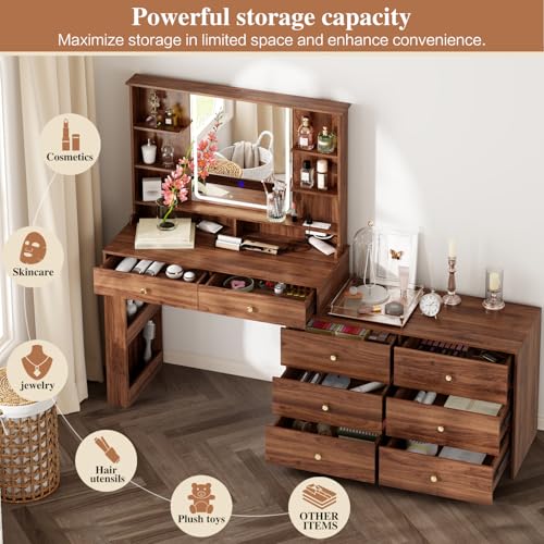 Large Makeup Vanity Desk with Mirror and Lights, 8 Drawers, Power Outlet B666
