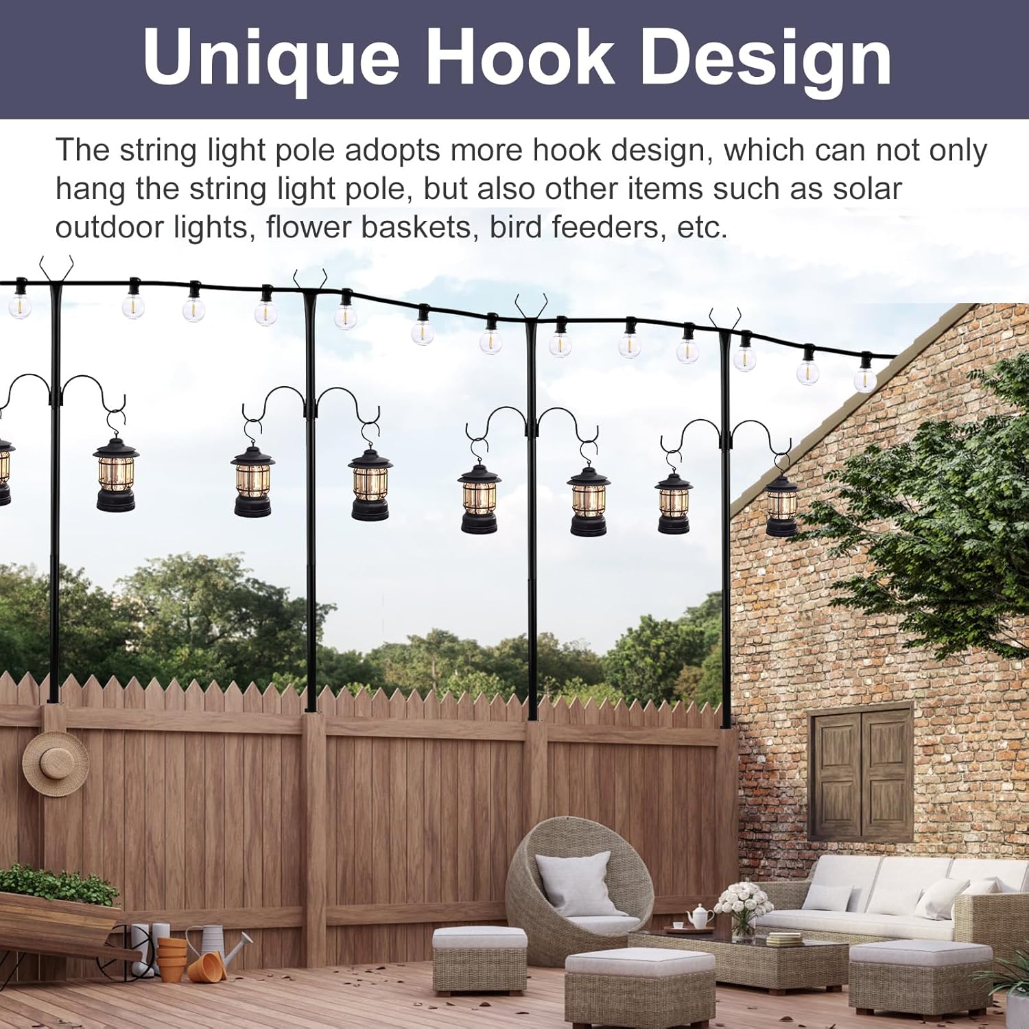String Light Poles 2 Pack, Adjustable 2.4FT/3.6FT for Outdoor Hanging G359