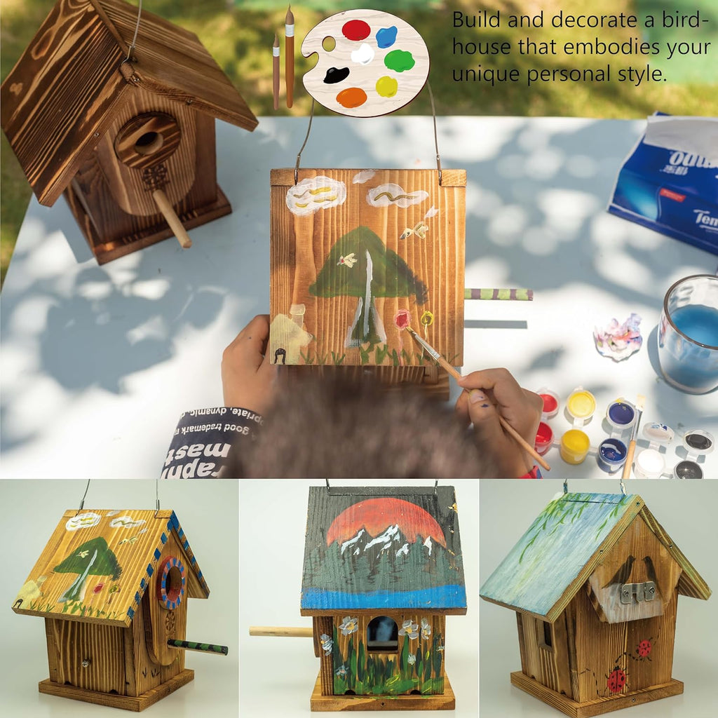 DIY Bird House Kit for Adults and Kids, Carbonized Wood, Paint Included D41526