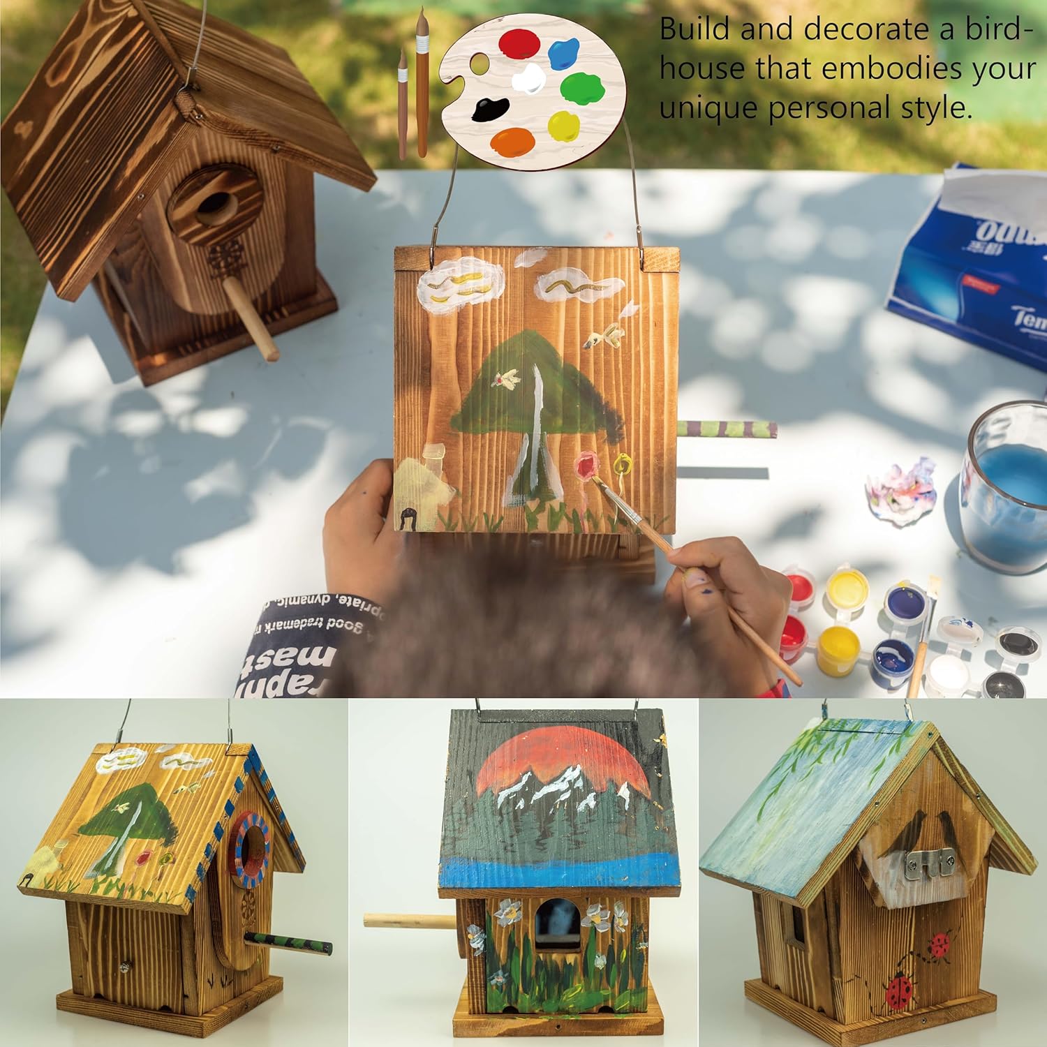 DIY Bird House Kit for Adults and Kids, Carbonized Wood, Paint Included D41526