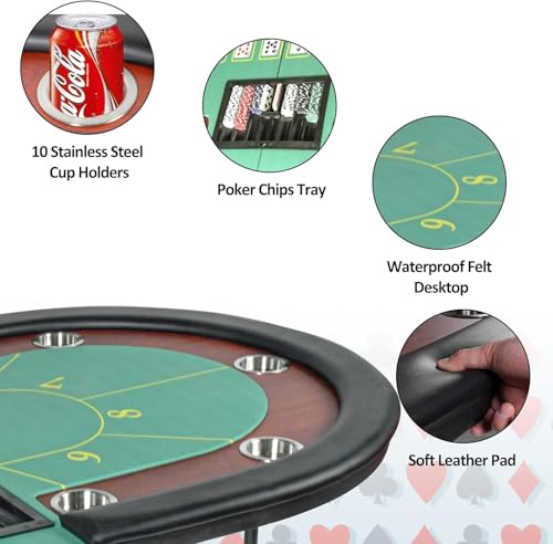 84" Foldable Poker Table with Chips Tray, 10 Player Oval, Green Felt U489