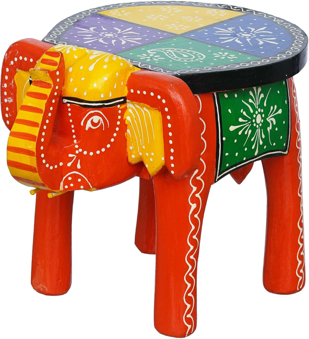 Aashvi Craft Handcrafted and Emboss Painted Colorful Wooden Elephant Shape Stool Table Clourfull -05, Medium