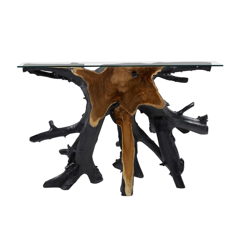 Black Teak Wood Live Edge Console Table with Clear Glass Top X4060