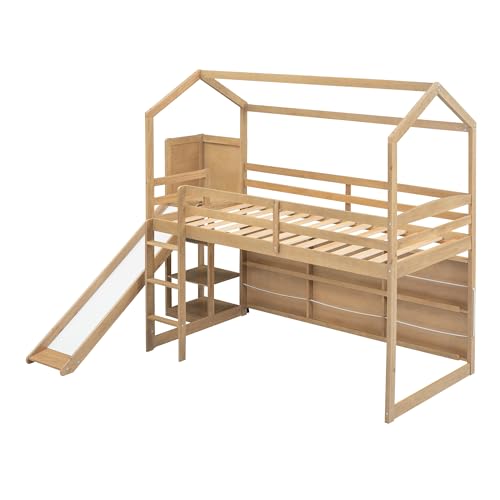 Wood House Loft Bed Frame with Slide and Storage Shelves Z806