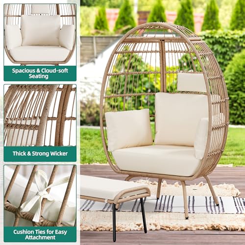 Rattan Egg Chair with Ottoman, Indoor Outdoor Wicker Chair with Footrest, 5 Cushions F541