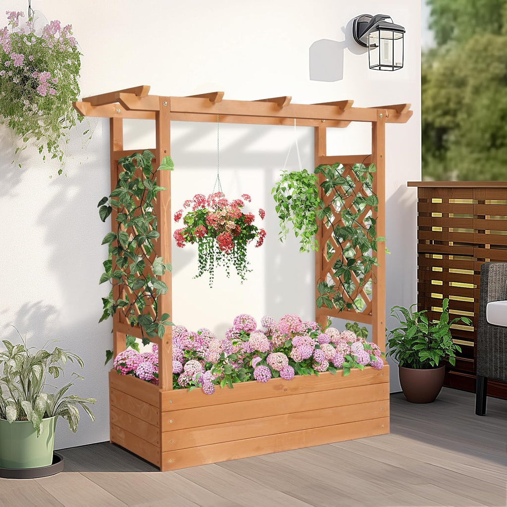 Raised Garden Bed with Trellis, Elevated Wood Planter Box S44330