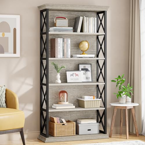 6-Tier Industrial Bookcase, 71 Inches Tall, Floor Standing Storage Shelves for Home Office, Brown and Black V7912