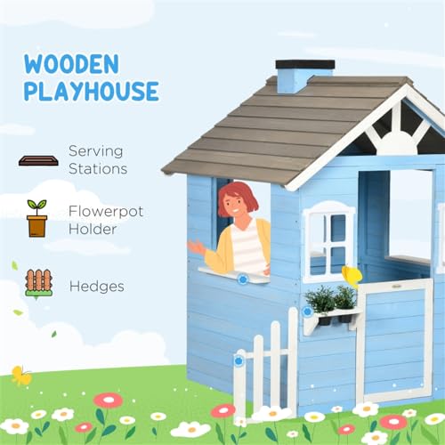 Wooden Playhouse for Kids with Bench, Door, Windows and Shelf F422