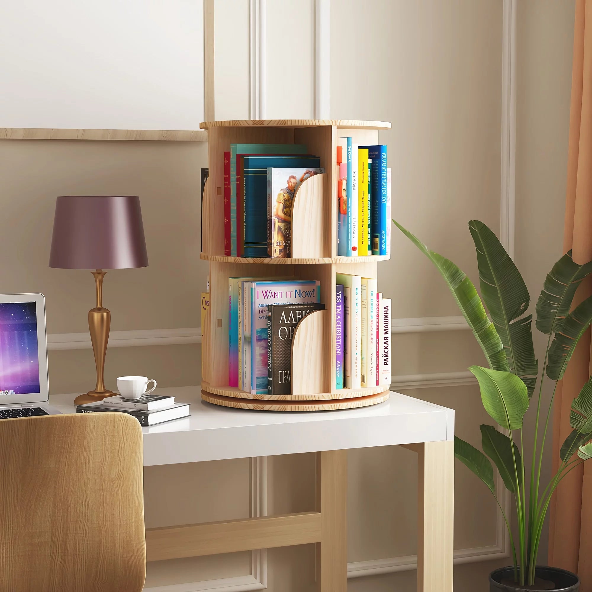 Rotating Bookshelf, 360° Solid Wood Stackable Shelves N6901