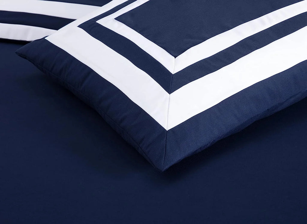 7-Piece King Comforter Set with Sheets Navy White Square Pattern I95367