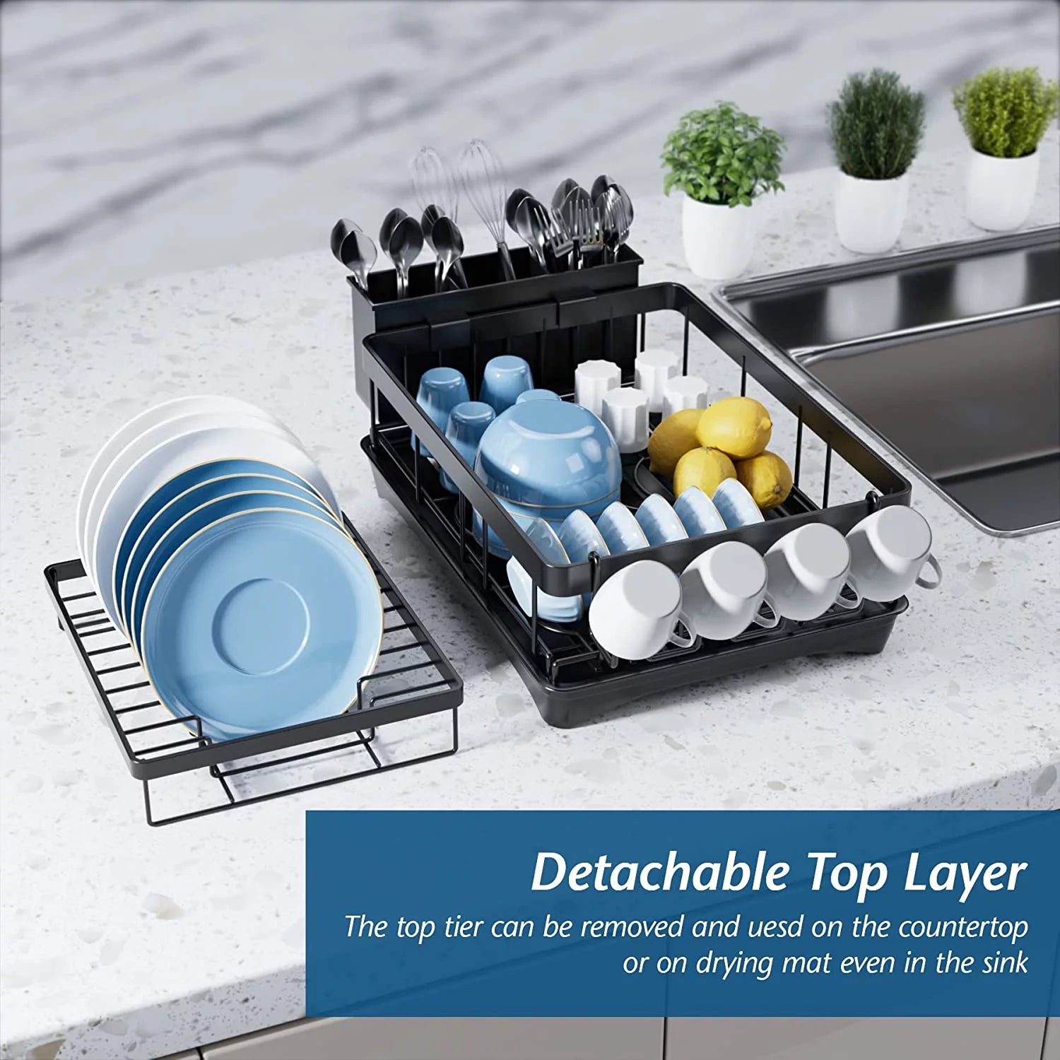 2 Tier Dish Drying Rack with Drainer for Kitchen Counter W99469