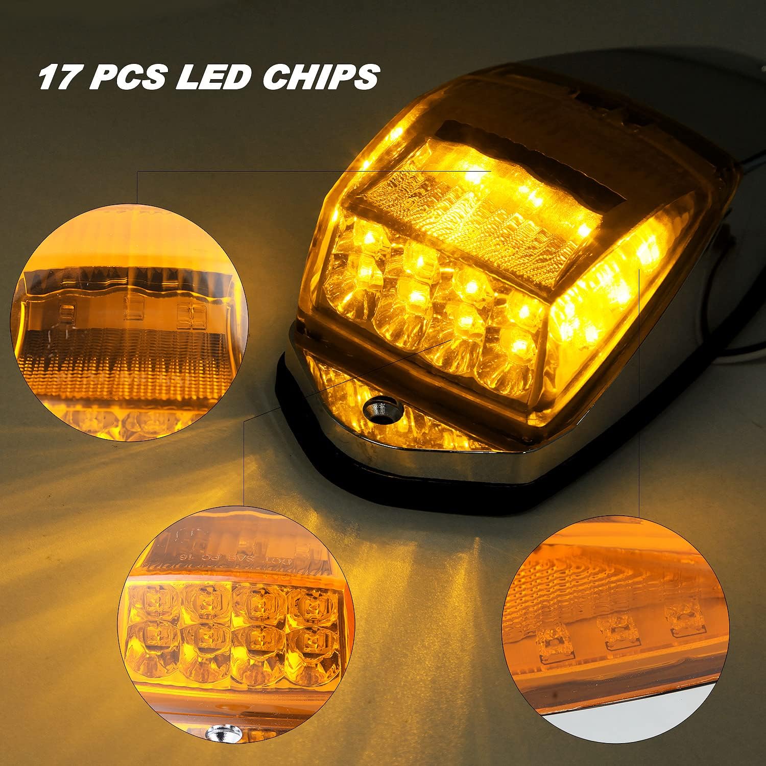 Truck Cab Marker Lights 17 LED Amber Roof Clearance Running Lights with Chrome Base 12V L5721