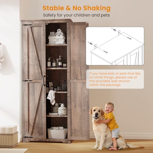 Farmhouse Pantry Cabinet with 6 Shelves and Barn Doors, Brown K34379