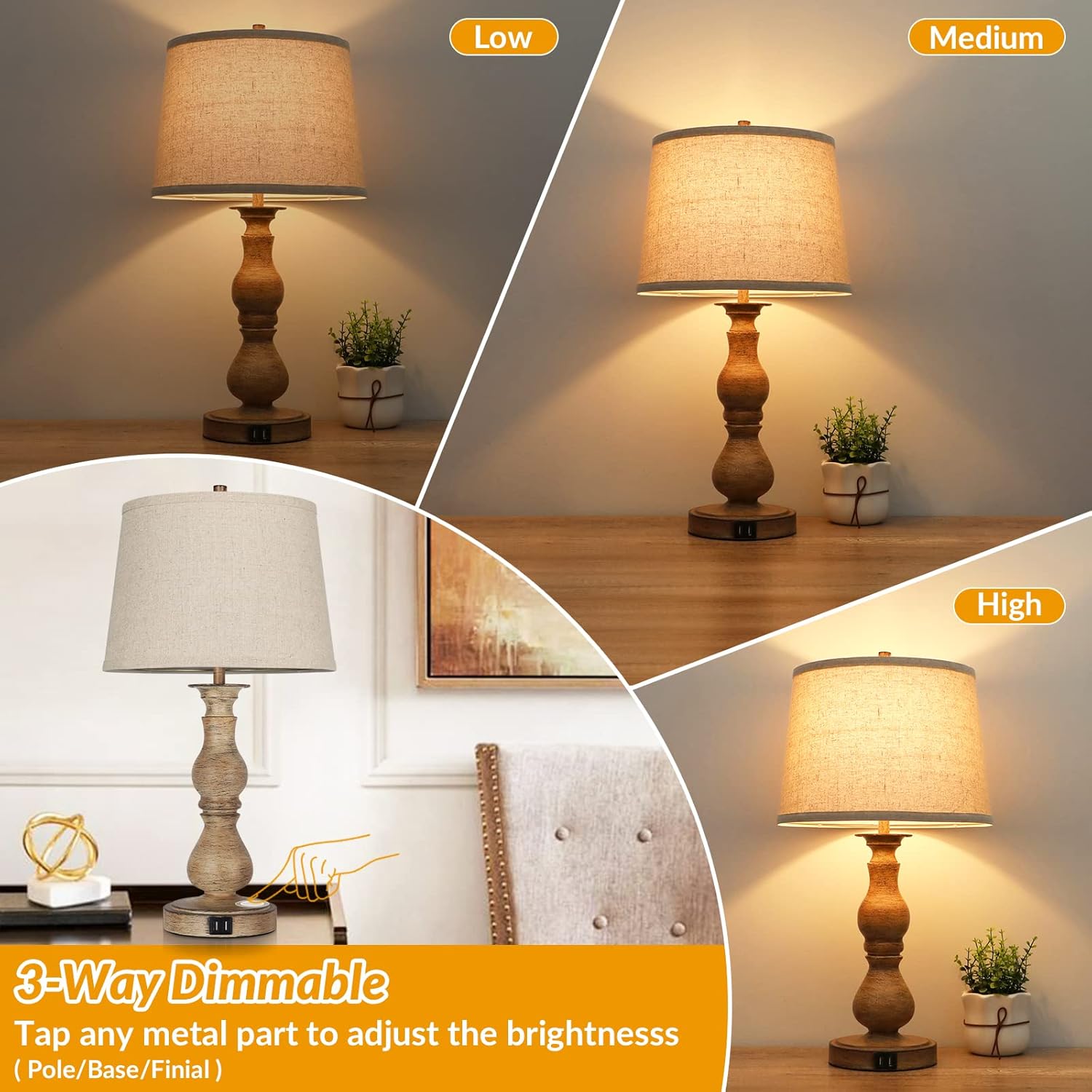 Set of 2 Touch Control Table Lamps with USB Ports, Dimmable, Cream Shades C7072