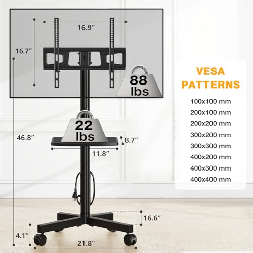 Mobile TV Stand with Power Outlet, Rolling TV Cart for 23-60 Inch TVs, Height Adjustable, VESA 400x400mm H58390