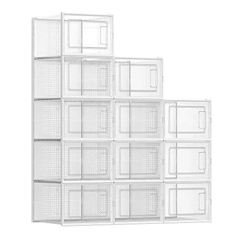 SONGMICS Shoe Boxes, Pack of 12 Shoe Storage Organizers, Stackable Clear Plastic Boxes for Closet, Sneakers, 9.1 x 13.1 x 5.6 Inches, Fit up to US Size 11, Transparent and Charcoal Blue ULSP12SB30