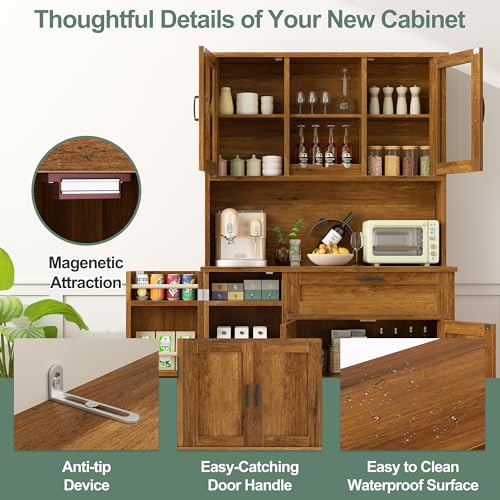 Freestanding Kitchen Pantry Cabinet with Microwave Stand, 4 Doors, Adjustable Shelves and Wine Rack C21265