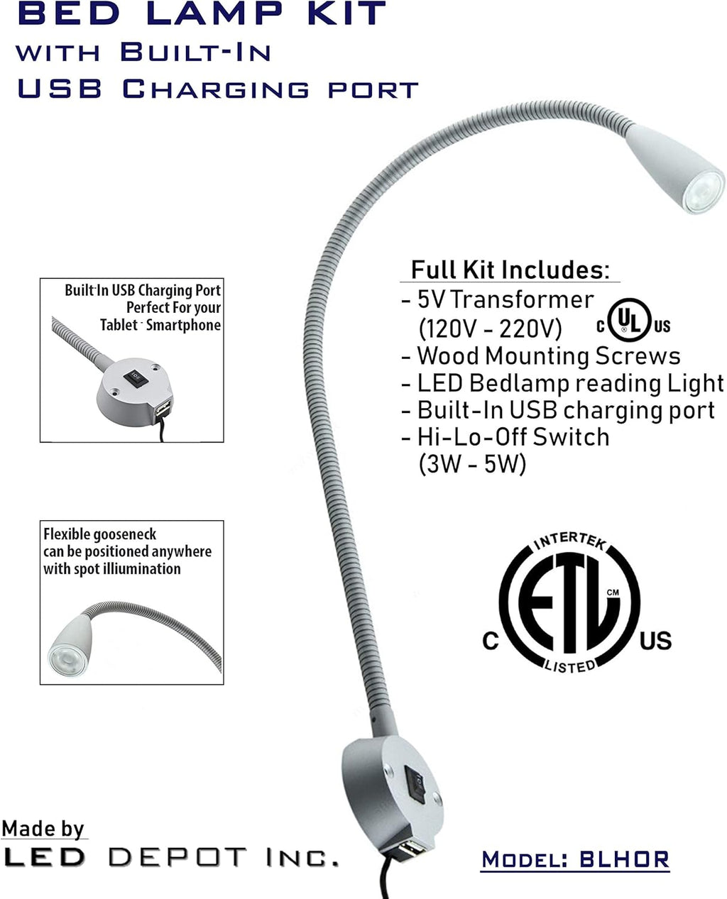 LED Bed Lamp with USB Charger Port, Gooseneck Reading Light, 3-Way Switch T6830