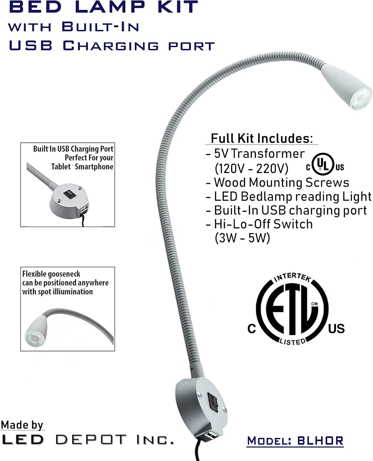 LED Bed Lamp with USB Charger Port, Gooseneck Reading Light, 3-Way Switch T6830