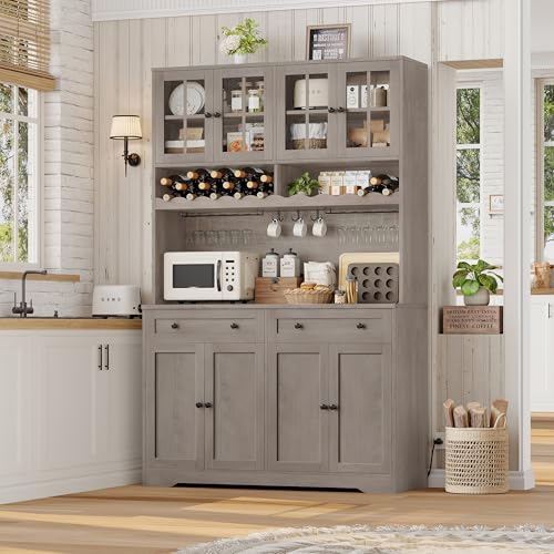 75.4" Tall Kitchen Pantry Cabinet with Charging Station, White, Glass Doors M88445