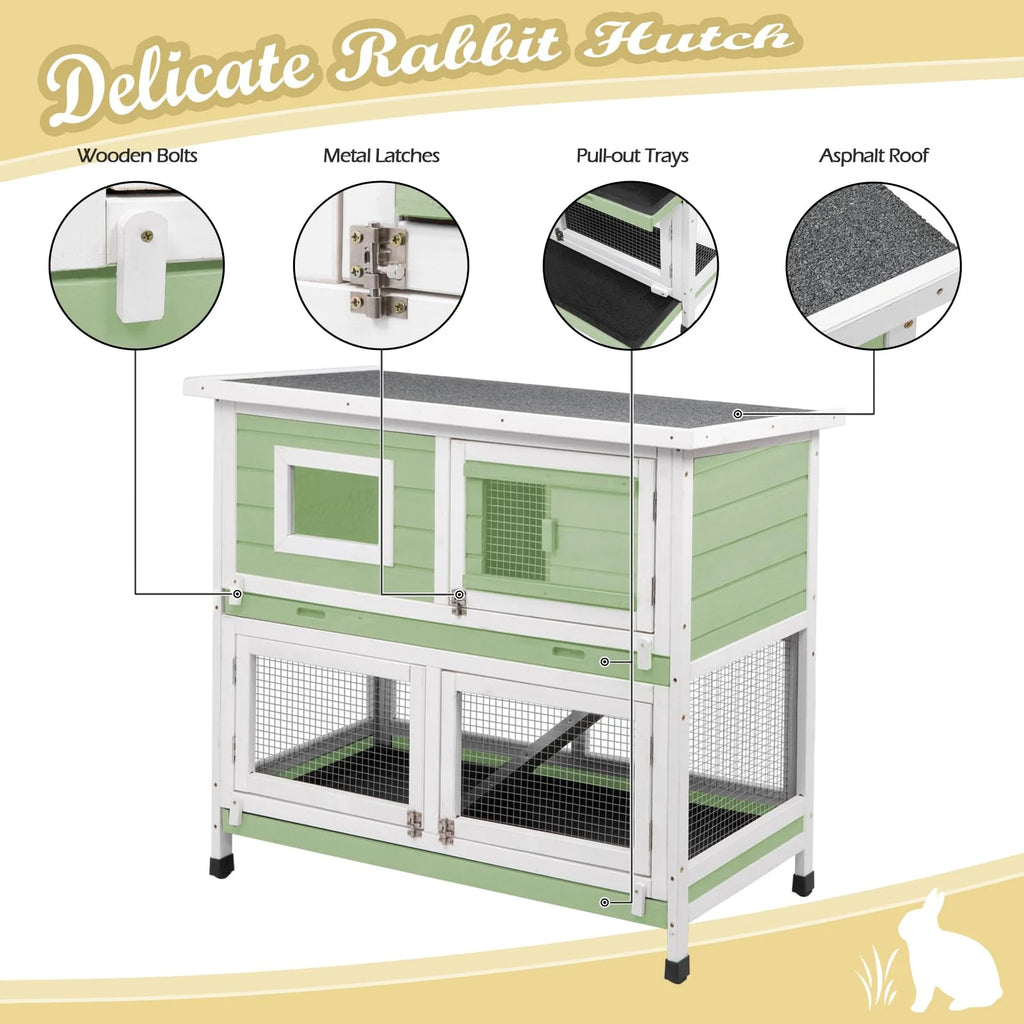 Rabbit Hutch Indoor Outdoor Cage on Wheels Two Story Weatherproof with Deep Trays G1859
