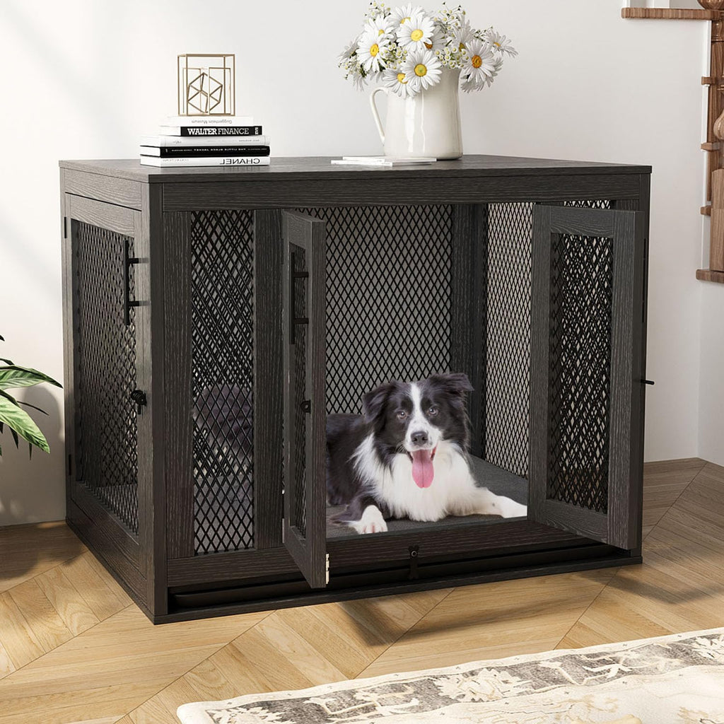 Wooden Dog Crate with Tray and Cushion, Double Doors Indoor Kennel for Small Medium Dogs T970