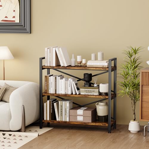 3 Tier Industrial Bookcase, Rustic Etagere Bookshelf for Living Room U5786
