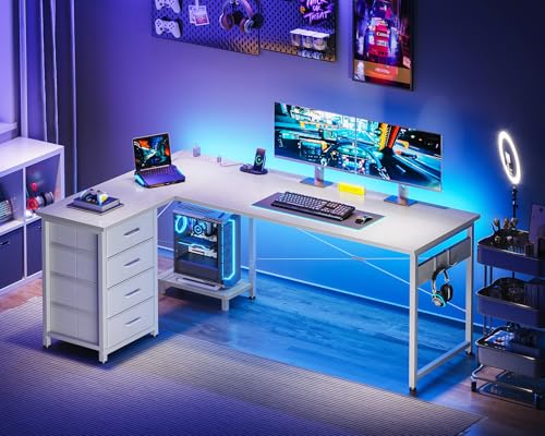 L Shaped Desk with 4 Tier Drawers, Power Outlets & USB, Corner Computer Desk with CPU Stand U4256